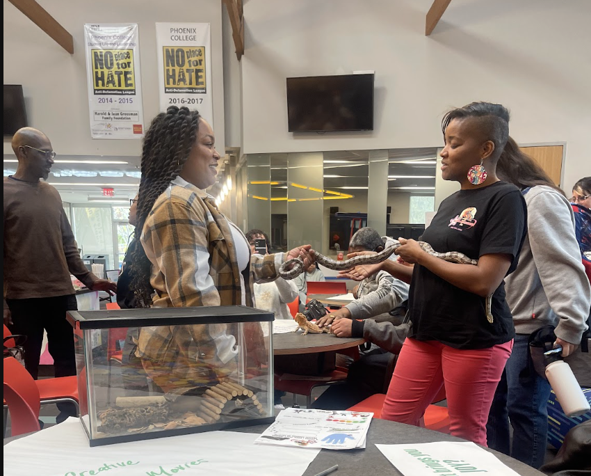 Two adults sharing a ball python across a table at a community engagement event.